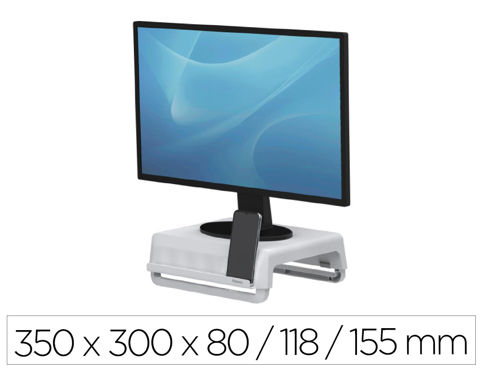SOPORTE FELLOWES PARA MONITOR BREYTA 3 AJUSTES DE ALTURA HASTA 30 KG 100% RECICLABLE 350X300X80/118/155 MM BLANCO