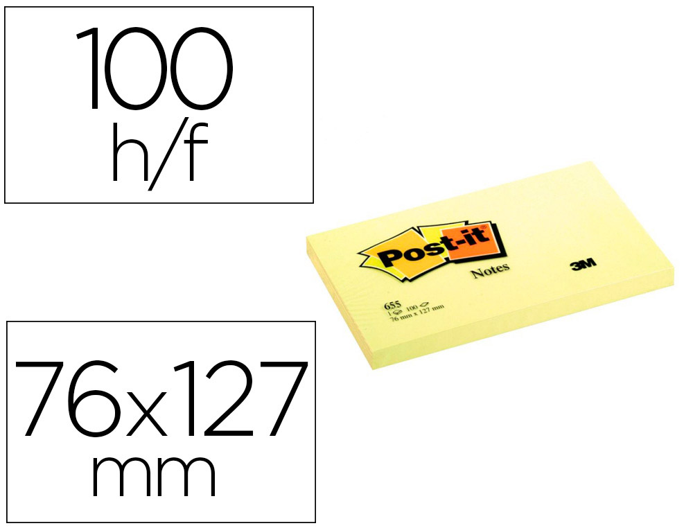 BLOC DE NOTAS ADHESIVAS QUITA Y PON POST-IT 76X127 MM 100 HOJAS AMARILLO CANARIO RETRACTILADO INDIVIDUALMENTE
