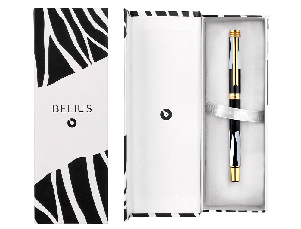 BOLIGRAFO BELIUS DUALITA CUERPO BLANCO COLOR NEGRO TINTA AZUL CAJA DE DISEÑO