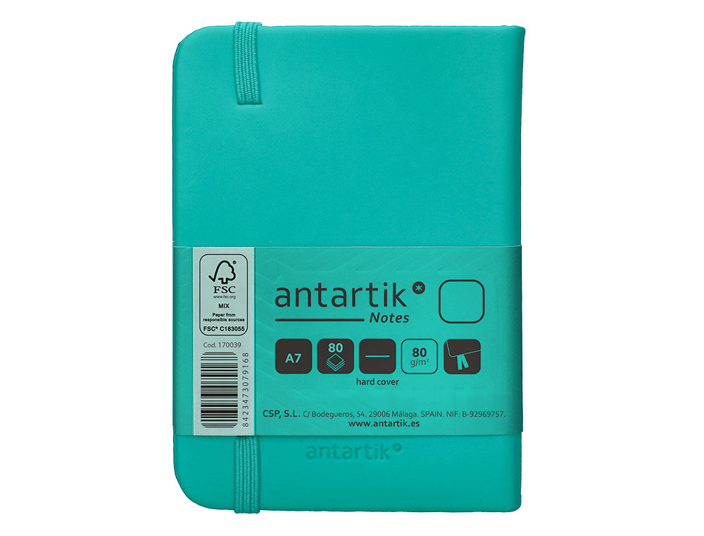 CUADERNO CON GOMILLA ANTARTIK NOTES TAPA DURA A7 HOJAS LISAS TURQUESA 80 HOJAS 80 GR FSC