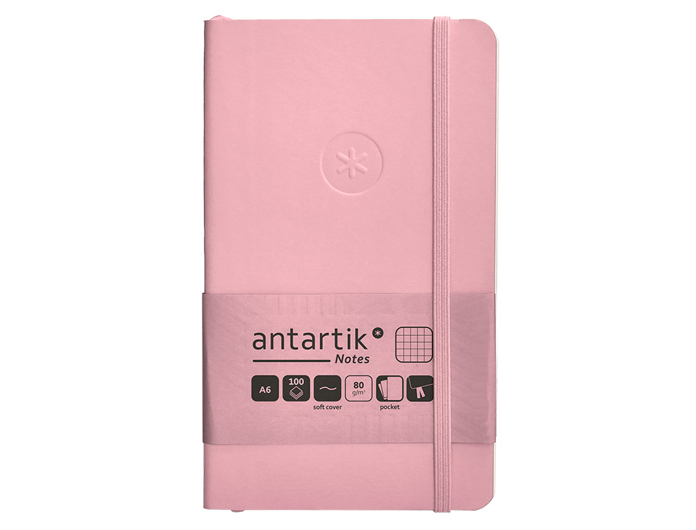 CUADERNO CON GOMILLA ANTARTIK NOTES TAPA BLANDA A6 CUADRICULA ROSA PASTEL 100 HOJAS 80 GR FSC
