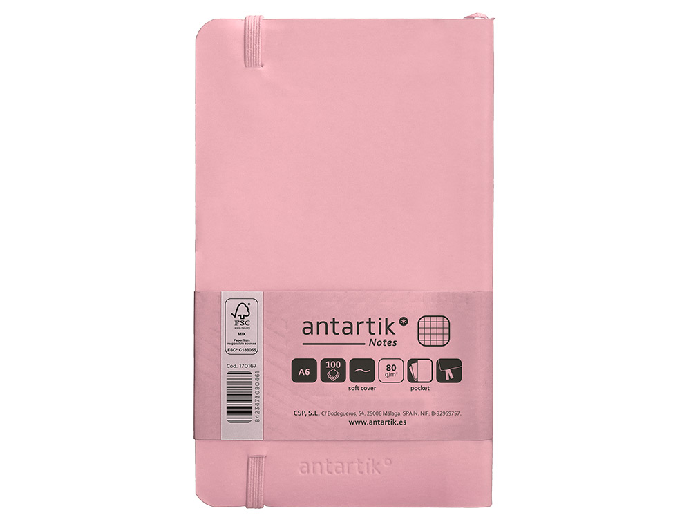 CUADERNO CON GOMILLA ANTARTIK NOTES TAPA BLANDA A6 CUADRICULA ROSA PASTEL 100 HOJAS 80 GR FSC