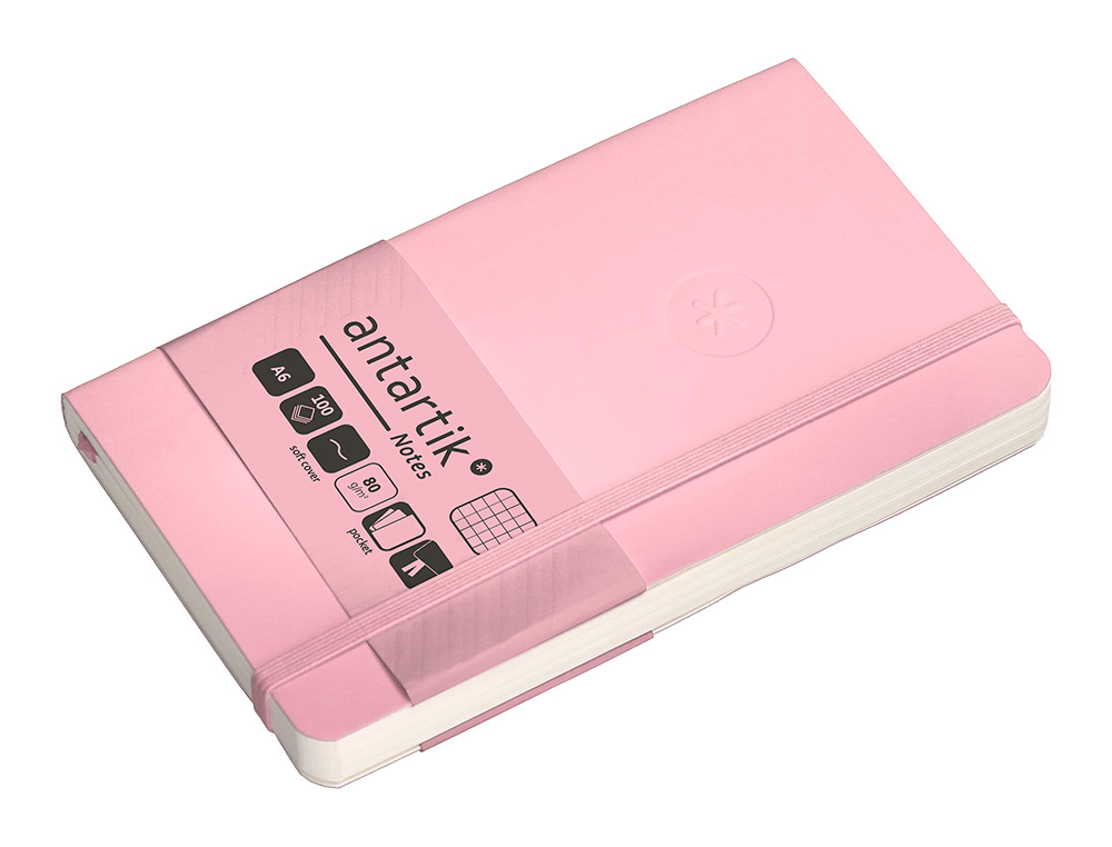 CUADERNO CON GOMILLA ANTARTIK NOTES TAPA BLANDA A6 CUADRICULA ROSA PASTEL 100 HOJAS 80 GR FSC