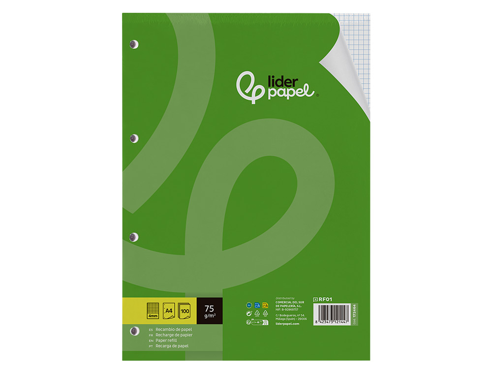 RECAMBIO LIDERPAPEL A4 100 HOJAS 75GR CUADRO 4MM CON MARGEN 4 TALADROS