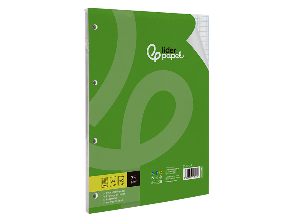 RECAMBIO LIDERPAPEL A4 100 HOJAS 75GR CUADRO 4MM CON MARGEN 4 TALADROS