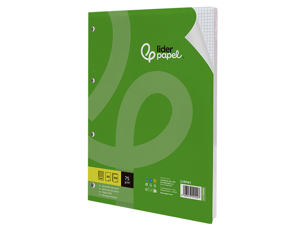 RECAMBIO LIDERPAPEL A4 100 HOJAS 75GR CUADRO 4MM CON MARGEN 4 TALADROS