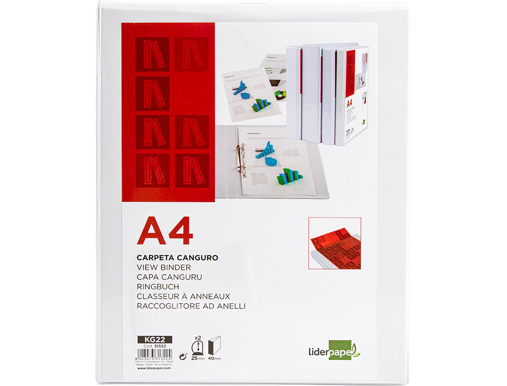 CARPETA CANGURO 2 ANILLAS MIXTAS 25MM LIDERPAPEL A4 PLASTICO COLOR BLANCO