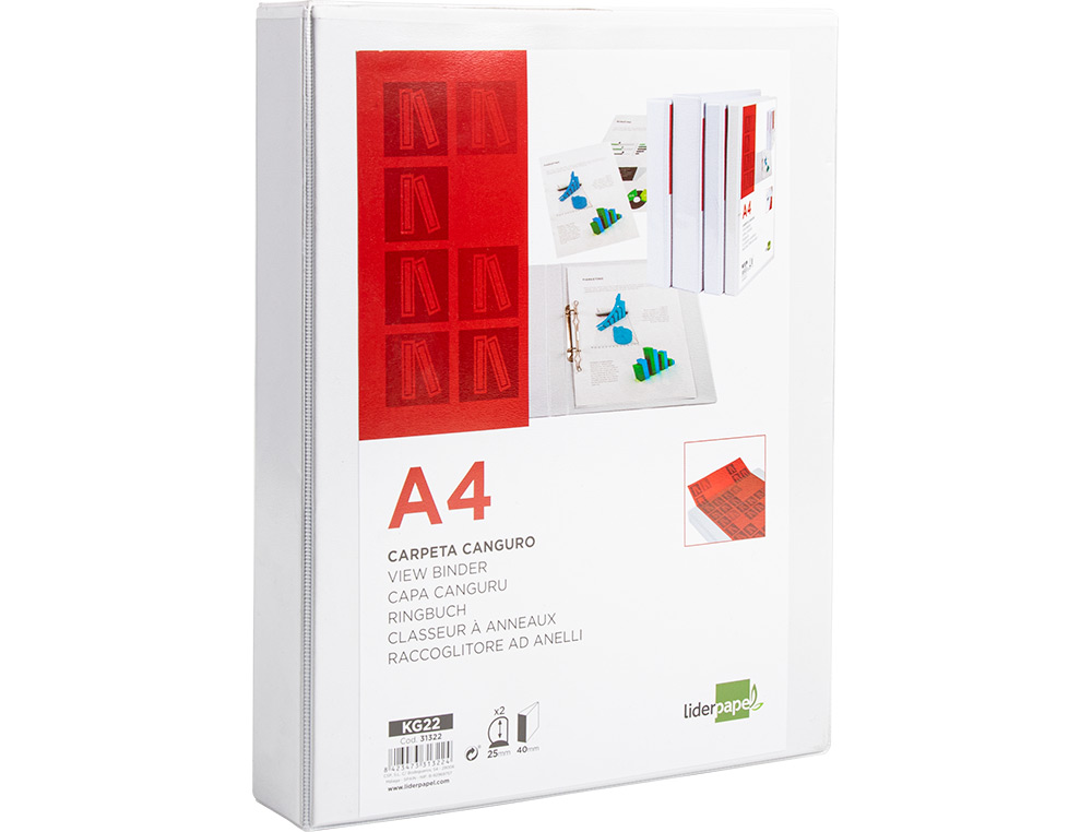 CARPETA CANGURO 2 ANILLAS MIXTAS 25MM LIDERPAPEL A4 PLASTICO COLOR BLANCO
