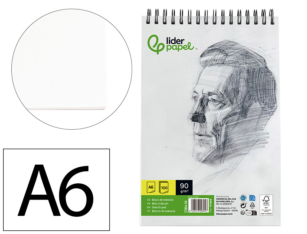 BLOC DIBUJO LIDERPAPEL ESBOZOS ESPIRAL DIN A6 105X148MM 100 HOJAS 90GR/M2 SIN RECUADRO