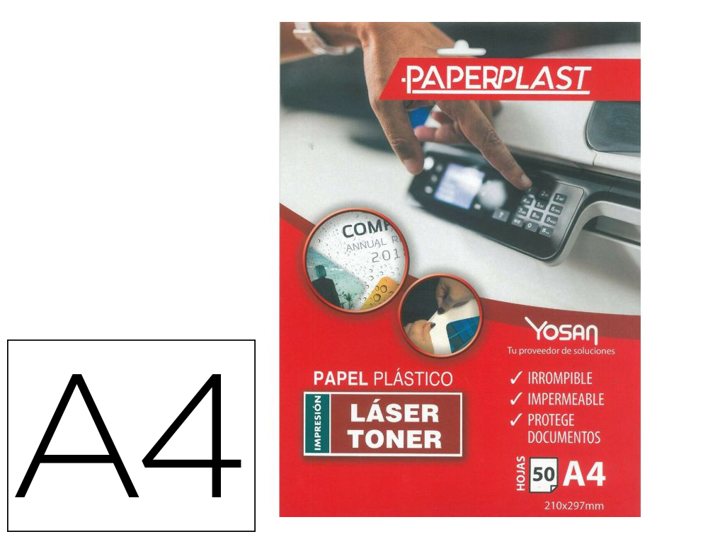 PAPEL PLASTICO YOSAN PAPERPLAST POLIESTER BLANCO BRILLO DIN A4 250 MC IMPRIMIBLE PAQUETE DE 50 HOJAS