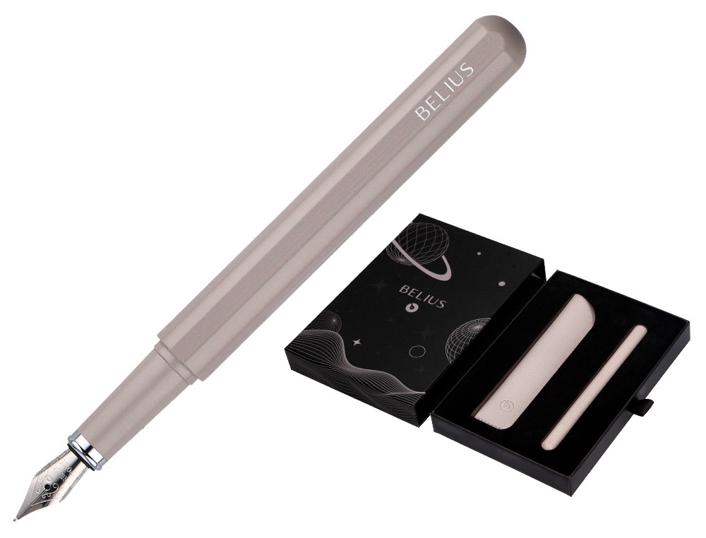 PLUMA Y FUNDA DE SIMILPIEL BELIUS SPACE B COLOR MINIMALISTA GRIS TINTA AZUL CAJA DE DISEO