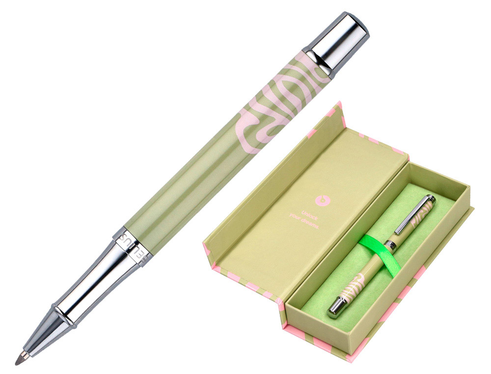 ROLLER BELIUS INK DREAMS ALUMINIO COLOR VERDE MATCHA Y ROSA PLATEADO FRASE INTERIOR TINTA NEGRA CAJA DE DISEO
