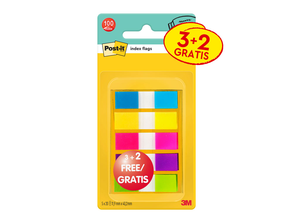 BANDERITAS SEPARADORAS POST-IT PEQUEA 11,9X43,2 MM DISPENSADOR 60 HOJAS+40 HOJAS GRATIS 5 COLORES SURTIDOS